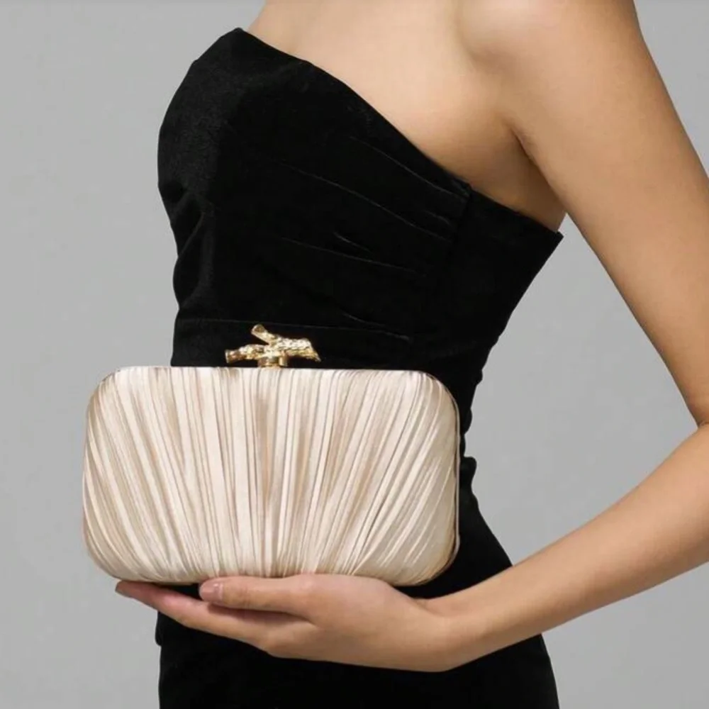 Elegant Cream Satin Pleated Clutch with Gold Accent